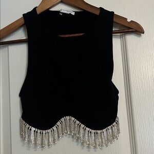 Zara Black Crop Top with Silver Beaded Fringe